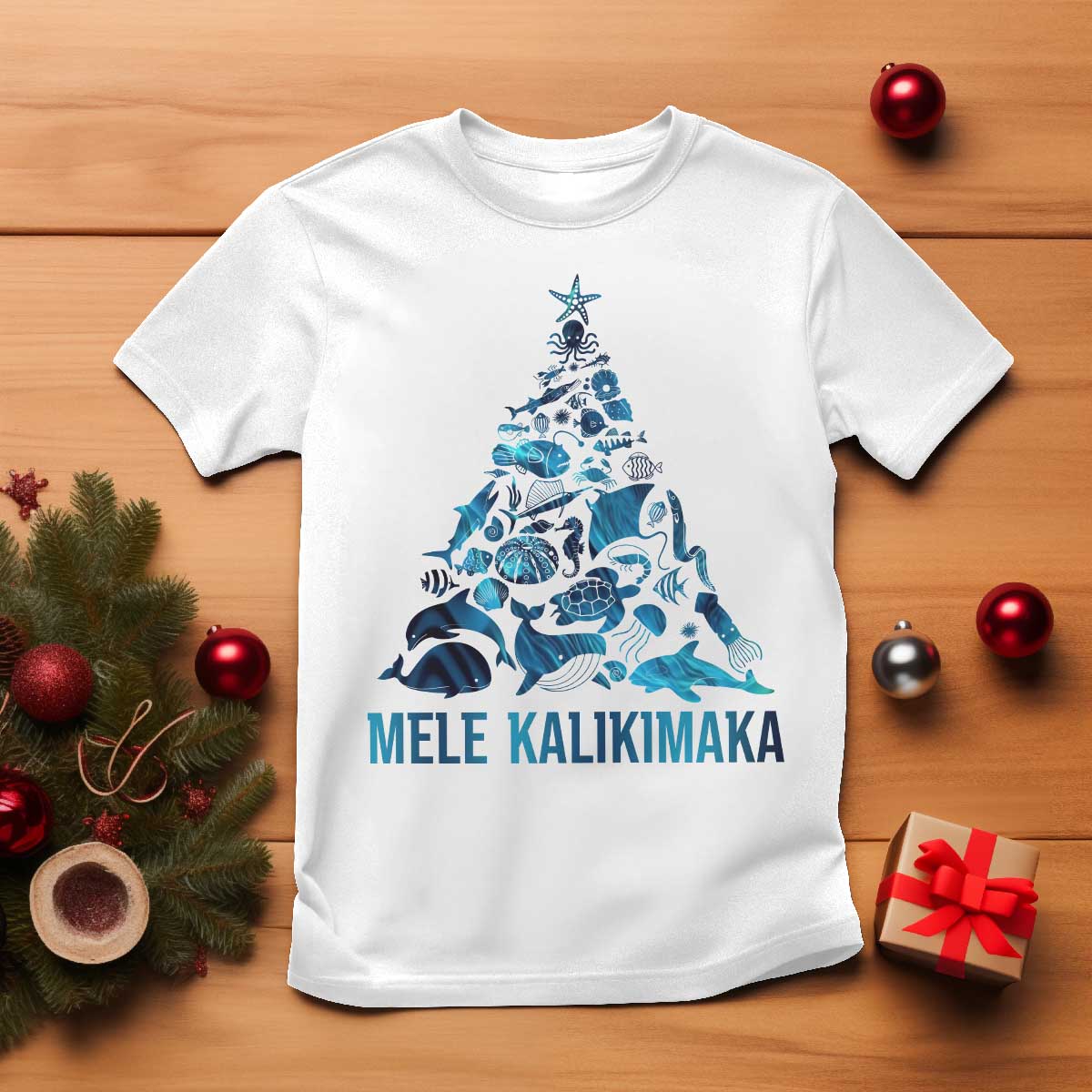 Christmas In Hawaii T Shirt Mele Kalikimala Sea Animals Xmas Tree - Wonder Print Shop