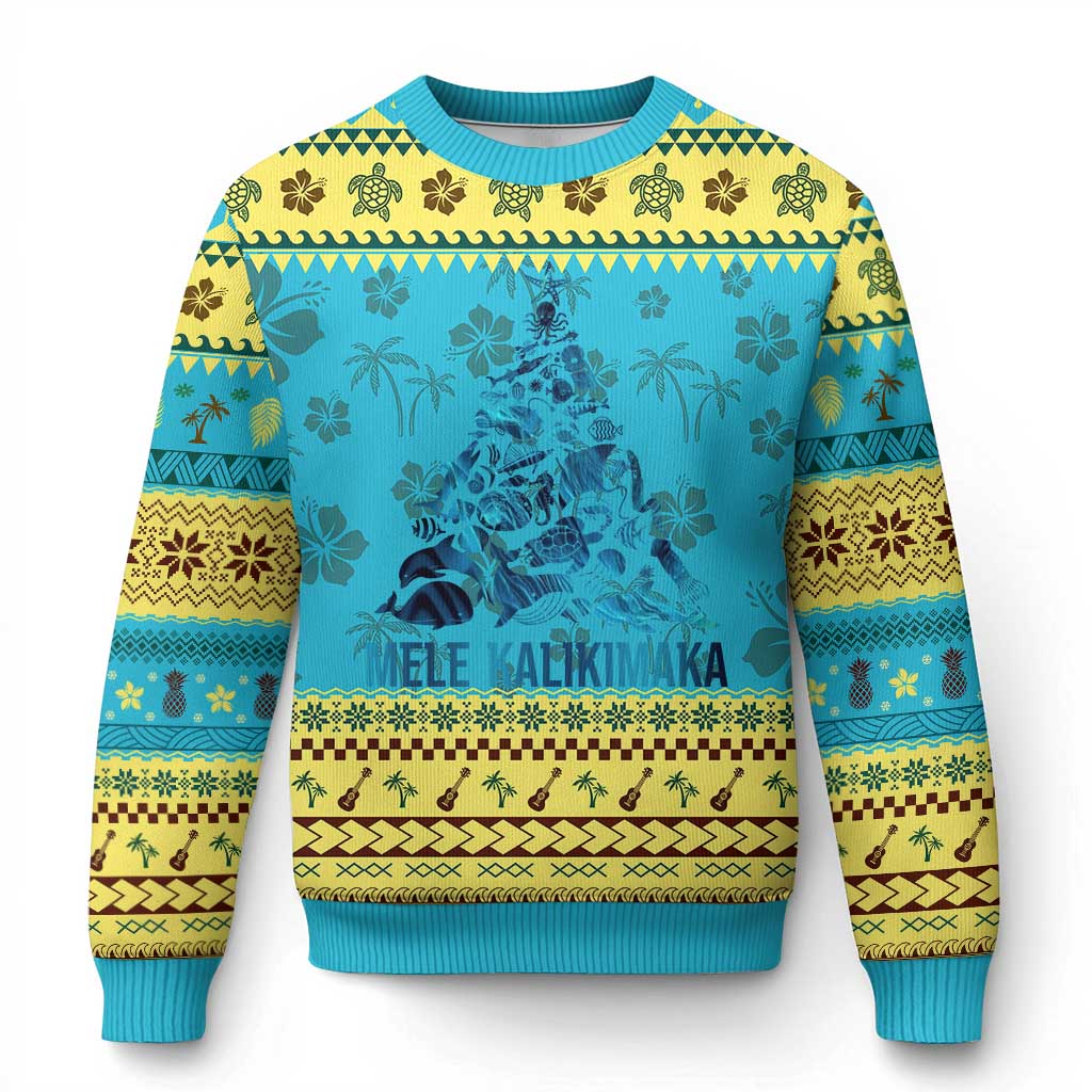 Xmas In Hawaii Ugly Christmas Sweater Mele Kalikimala Sea Animals Xmas Tree - Wonder Print Shop