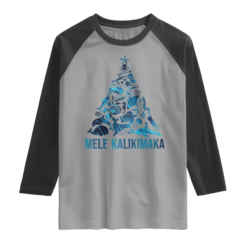 Christmas In Hawaii Raglan Shirt Mele Kalikimala Sea Animals Xmas Tree - Wonder Print Shop