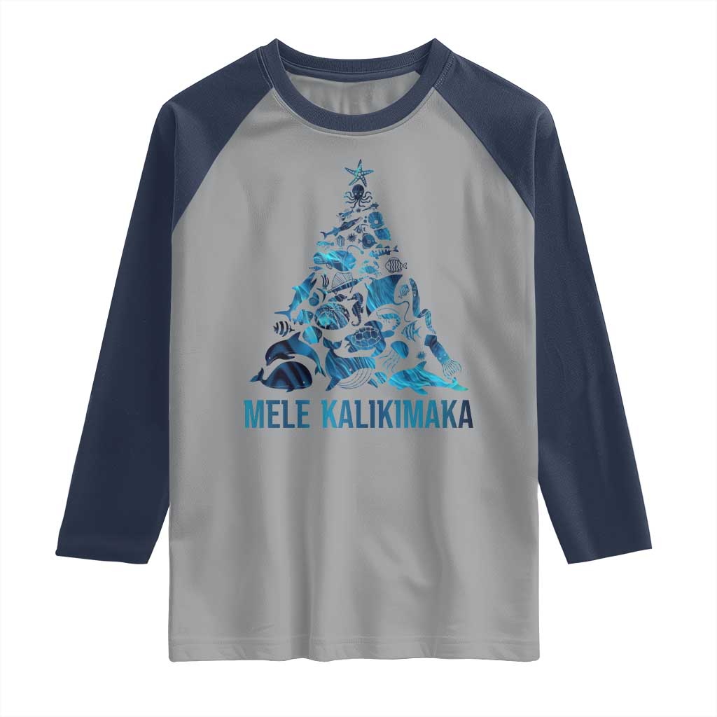 Christmas In Hawaii Raglan Shirt Mele Kalikimala Sea Animals Xmas Tree - Wonder Print Shop