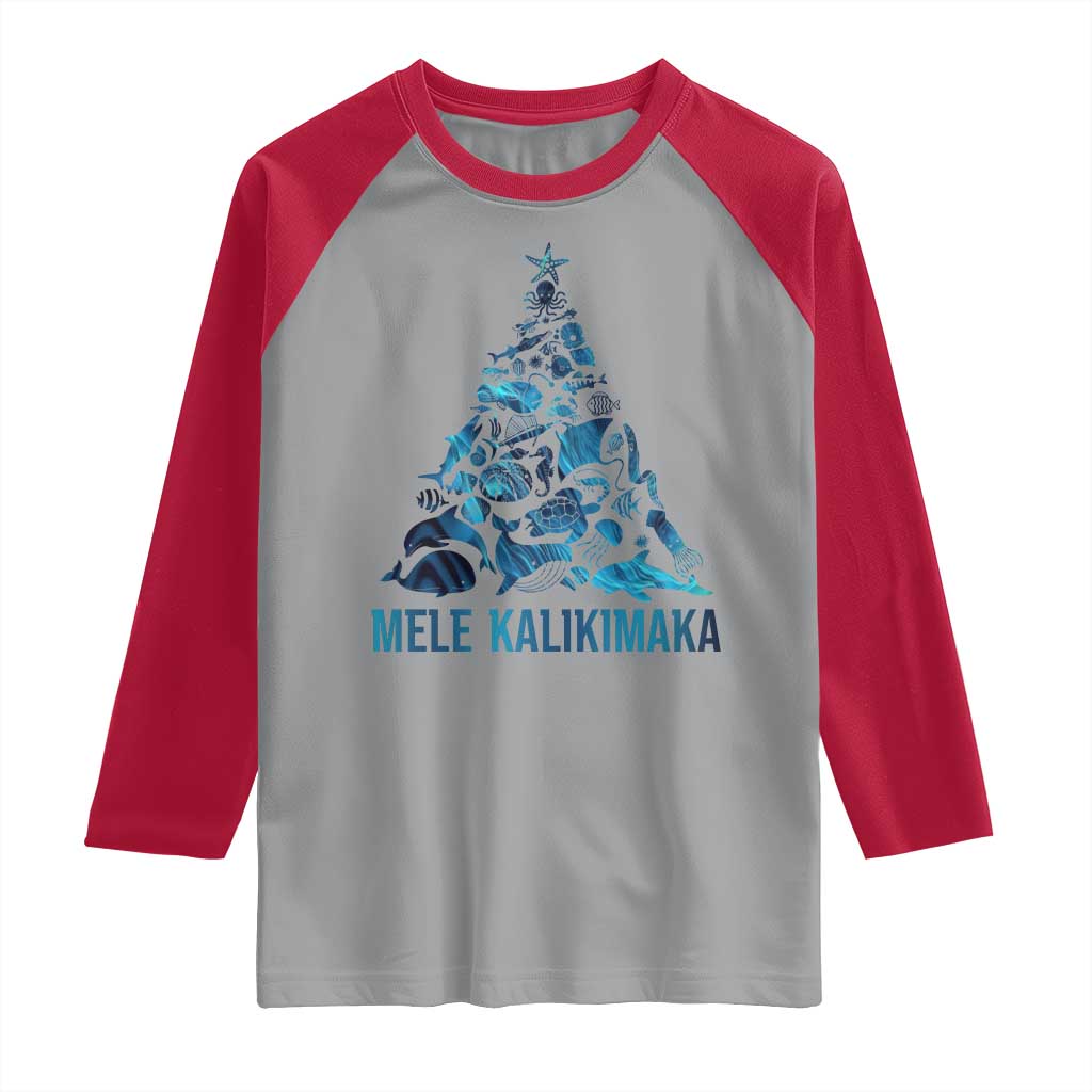 Christmas In Hawaii Raglan Shirt Mele Kalikimala Sea Animals Xmas Tree - Wonder Print Shop