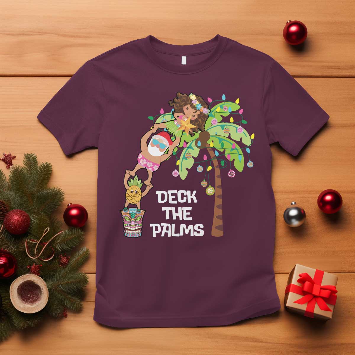 Christmas In Hawaii T Shirt Deck The Palms Santa Hula Girl Tiki - Wonder Print Shop