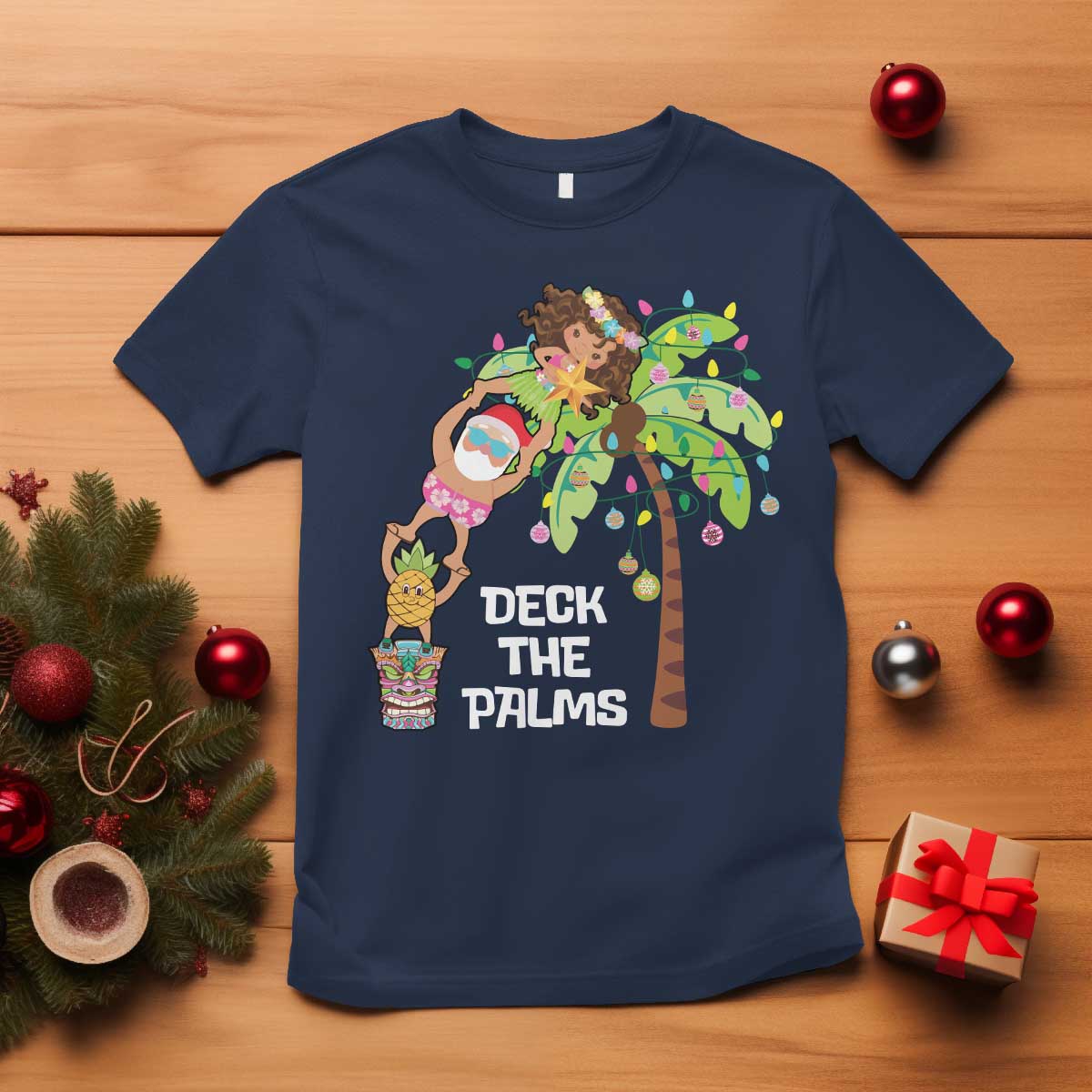 Christmas In Hawaii T Shirt Deck The Palms Santa Hula Girl Tiki - Wonder Print Shop