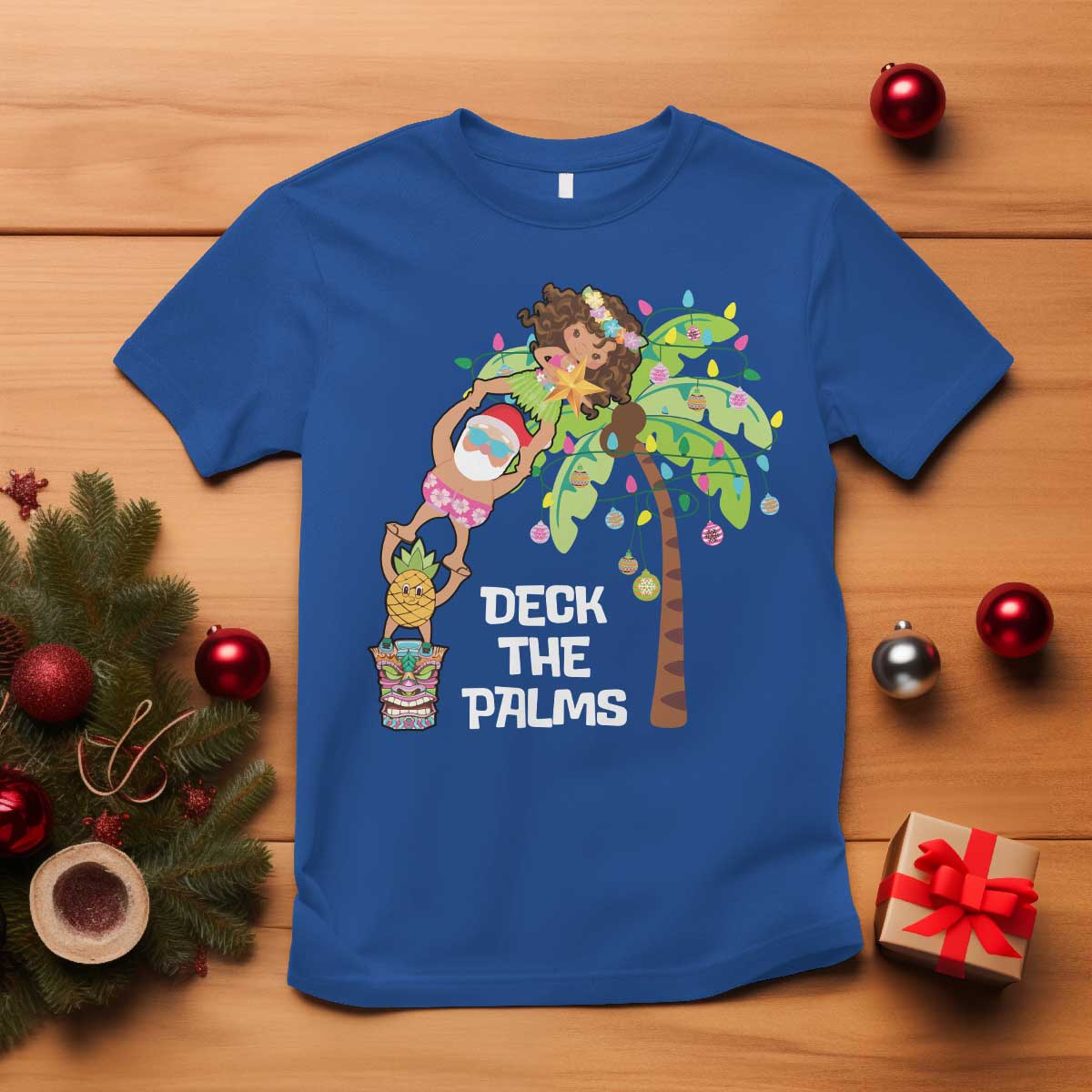 Christmas In Hawaii T Shirt Deck The Palms Santa Hula Girl Tiki - Wonder Print Shop