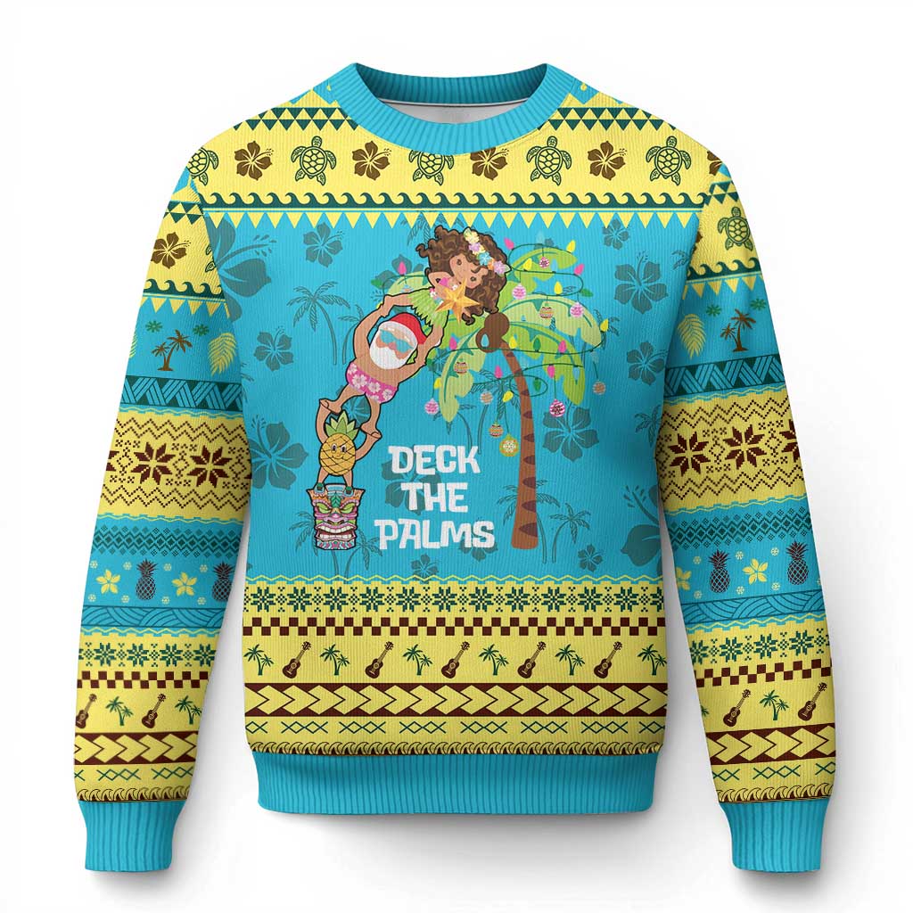 Xmas In Hawaii Ugly Christmas Sweater Deck The Palms Santa Hula Girl Tiki - Wonder Print Shop