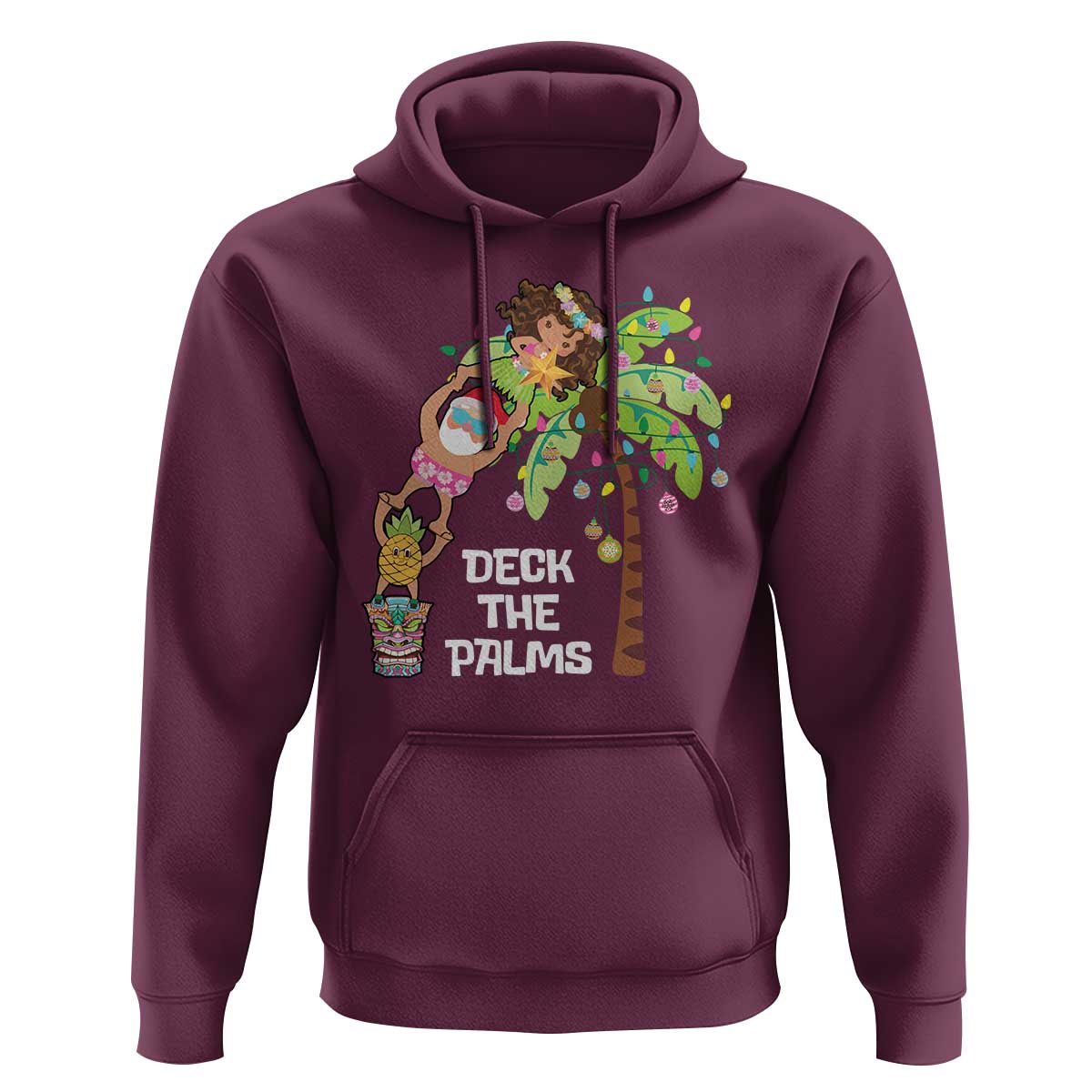 Christmas In Hawaii Hoodie Deck The Palms Santa Hula Girl Tiki