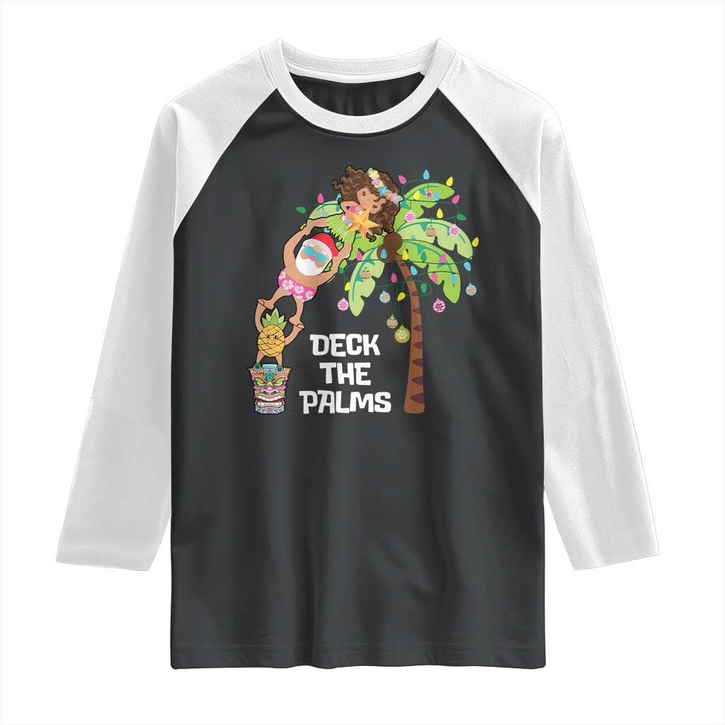 Christmas In Hawaii Raglan Shirt Deck The Palms Santa Hula Girl Tiki - Wonder Print Shop