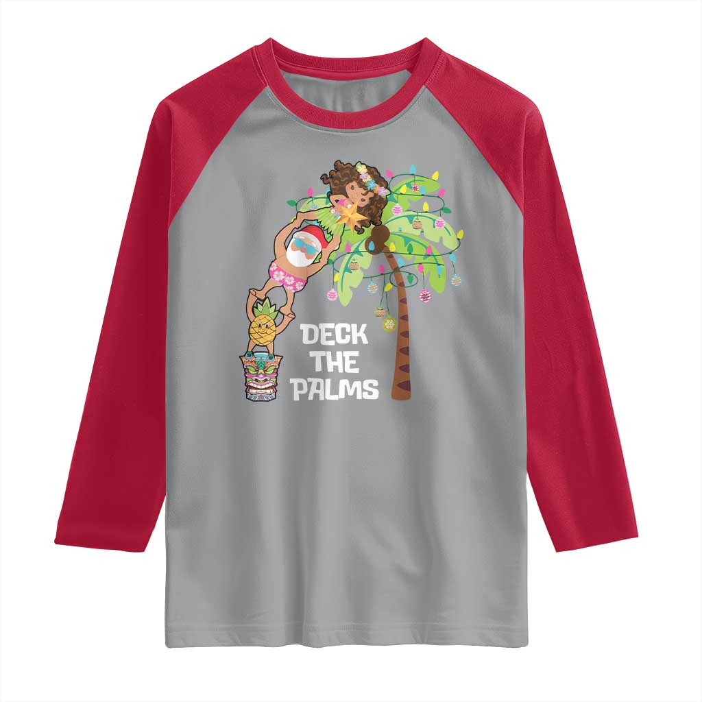 Christmas In Hawaii Raglan Shirt Deck The Palms Santa Hula Girl Tiki - Wonder Print Shop