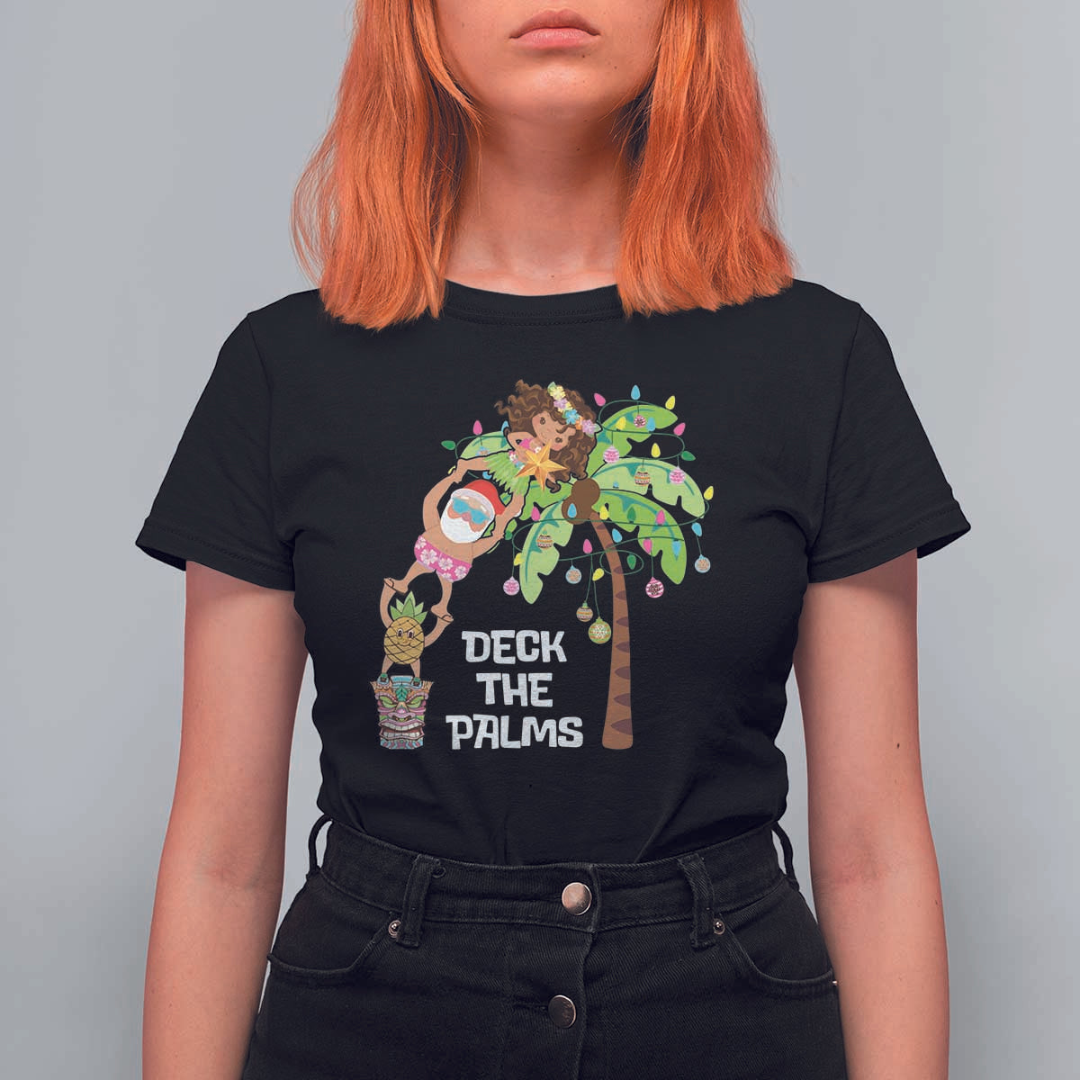 Christmas In Hawaii T Shirt For Women Deck The Palms Santa Hula Girl Tiki - Wonder Print Shop
