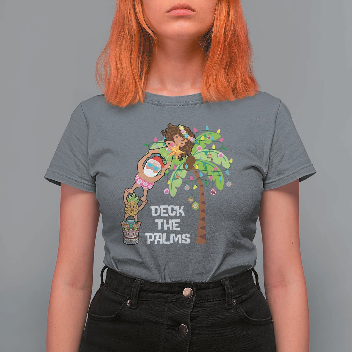Christmas In Hawaii T Shirt For Women Deck The Palms Santa Hula Girl Tiki - Wonder Print Shop