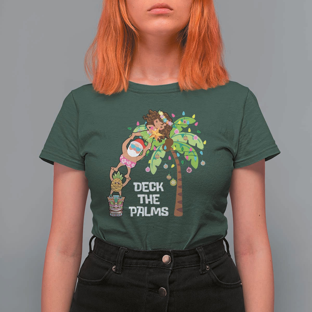 Christmas In Hawaii T Shirt For Women Deck The Palms Santa Hula Girl Tiki - Wonder Print Shop