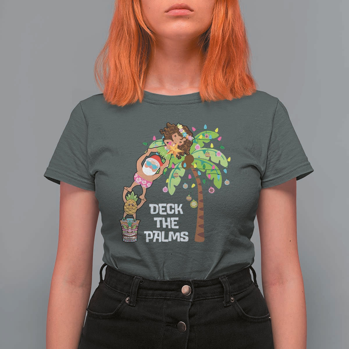 Christmas In Hawaii T Shirt For Women Deck The Palms Santa Hula Girl Tiki - Wonder Print Shop