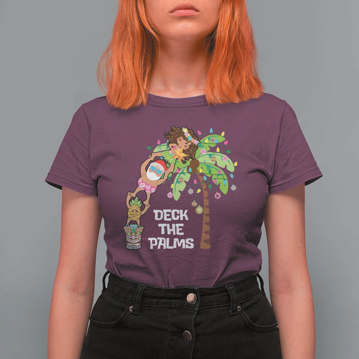Christmas In Hawaii T Shirt For Women Deck The Palms Santa Hula Girl Tiki - Wonder Print Shop
