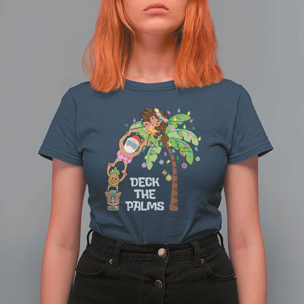 Christmas In Hawaii T Shirt For Women Deck The Palms Santa Hula Girl Tiki - Wonder Print Shop