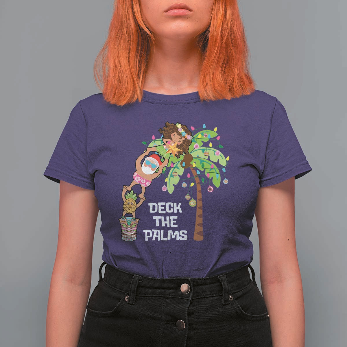 Christmas In Hawaii T Shirt For Women Deck The Palms Santa Hula Girl Tiki - Wonder Print Shop