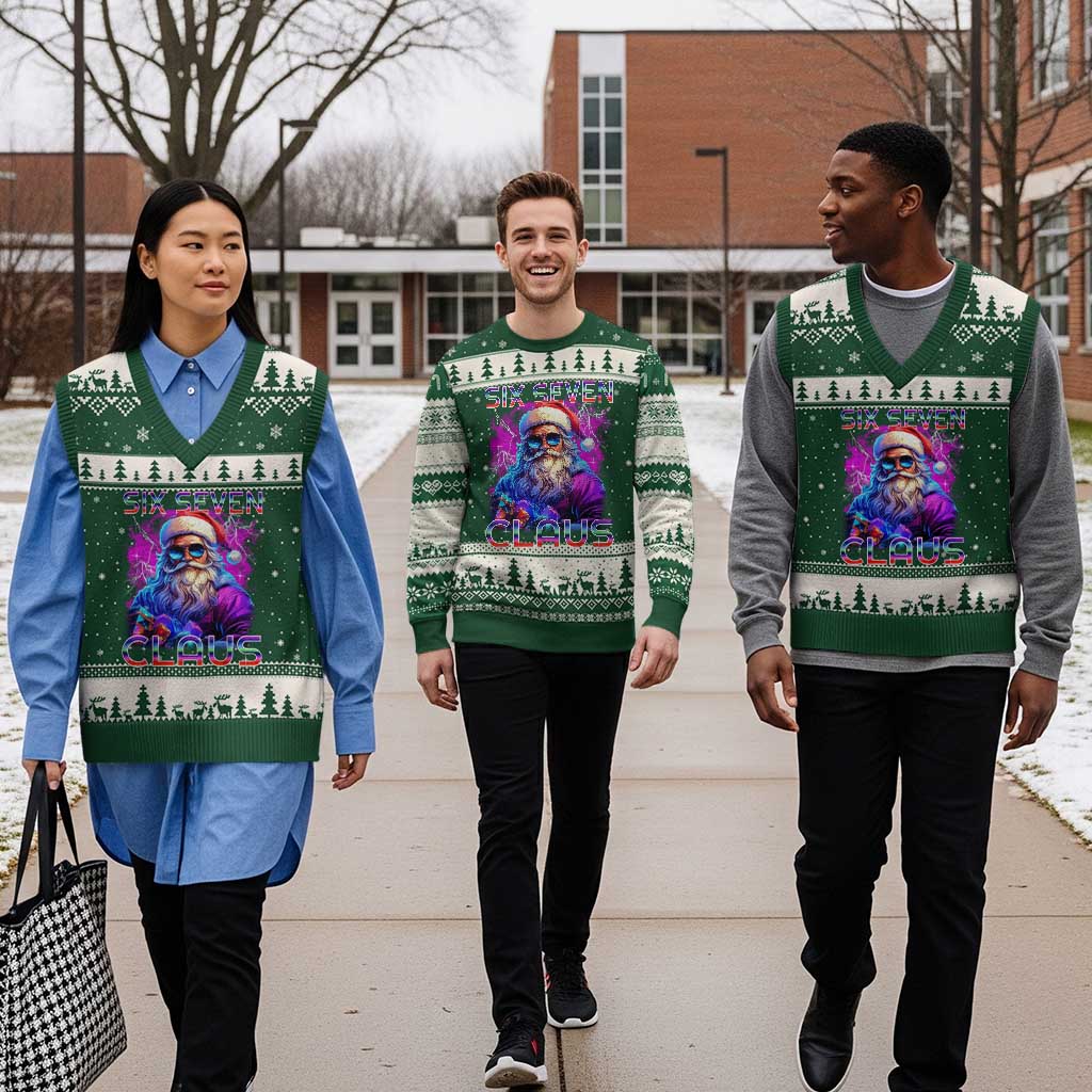 Funny Six Seven Claus V-Neck Knit Sweater Vest 67 Xmas Santa Meme Gen Alpha - Wonder Print Shop