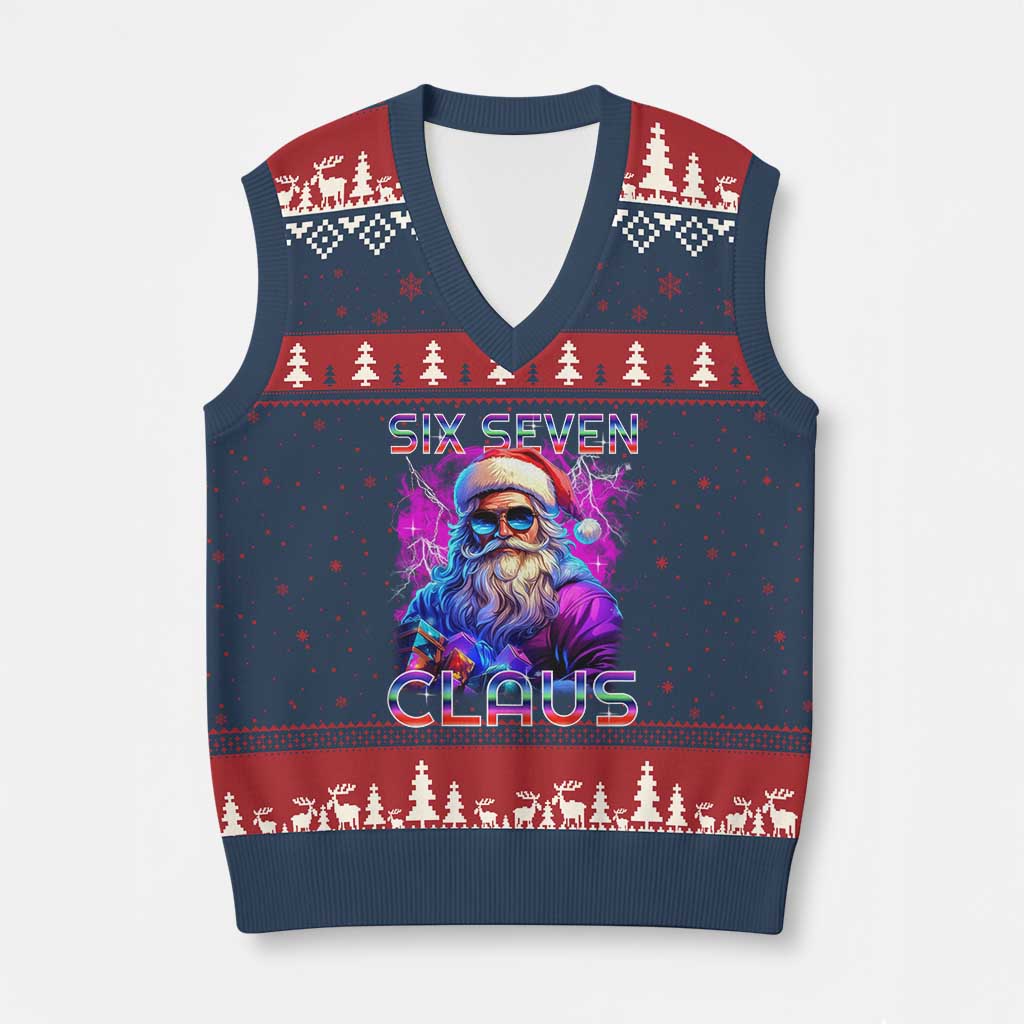 Funny Six Seven Claus V-Neck Knit Sweater Vest 67 Xmas Santa Meme Gen Alpha - Wonder Print Shop