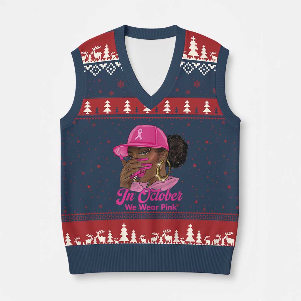 In October We Wear Pink V-Neck Knit Sweater Vest Black Women Breast Cancer Awareness - Wonder Print Shop