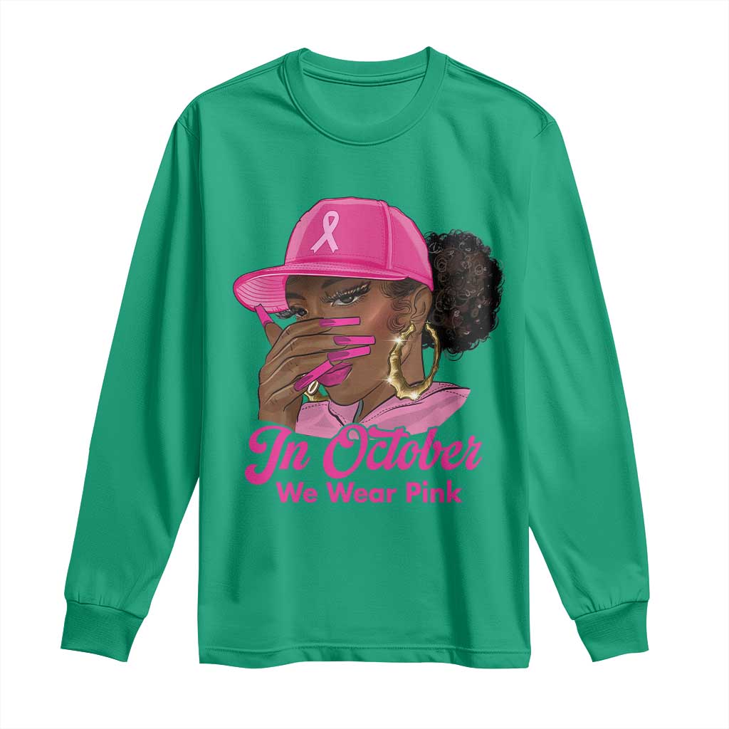 In October We Wear Pink Long Sleeve Shirt Black Women Breast Cancer Awareness - Wonder Print Shop