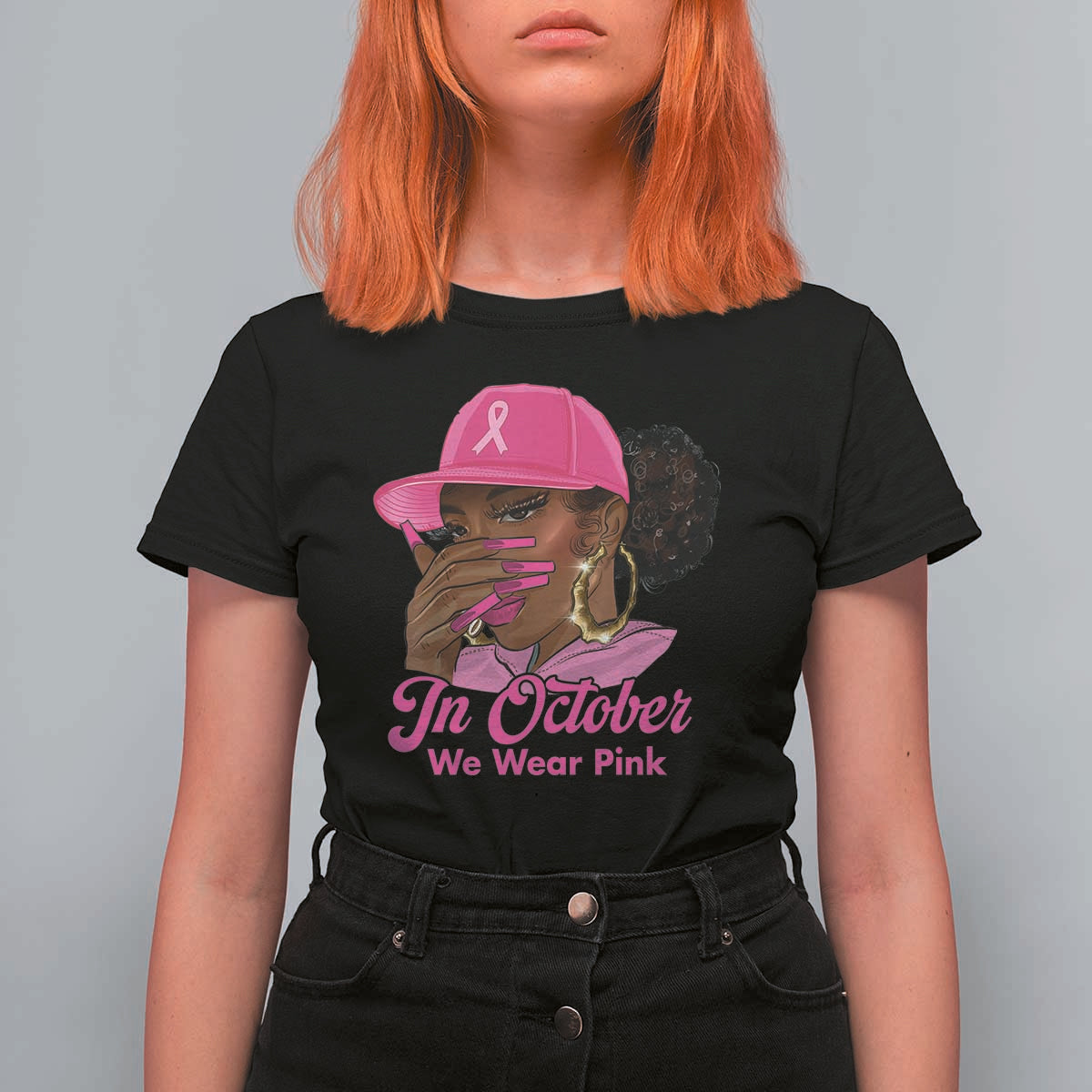 In October We Wear Pink T Shirt For Women Black Women Breast Cancer Awareness - Wonder Print Shop