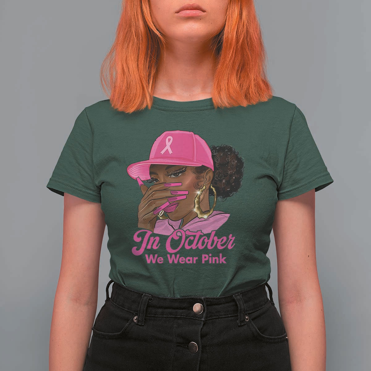 In October We Wear Pink T Shirt For Women Black Women Breast Cancer Awareness - Wonder Print Shop