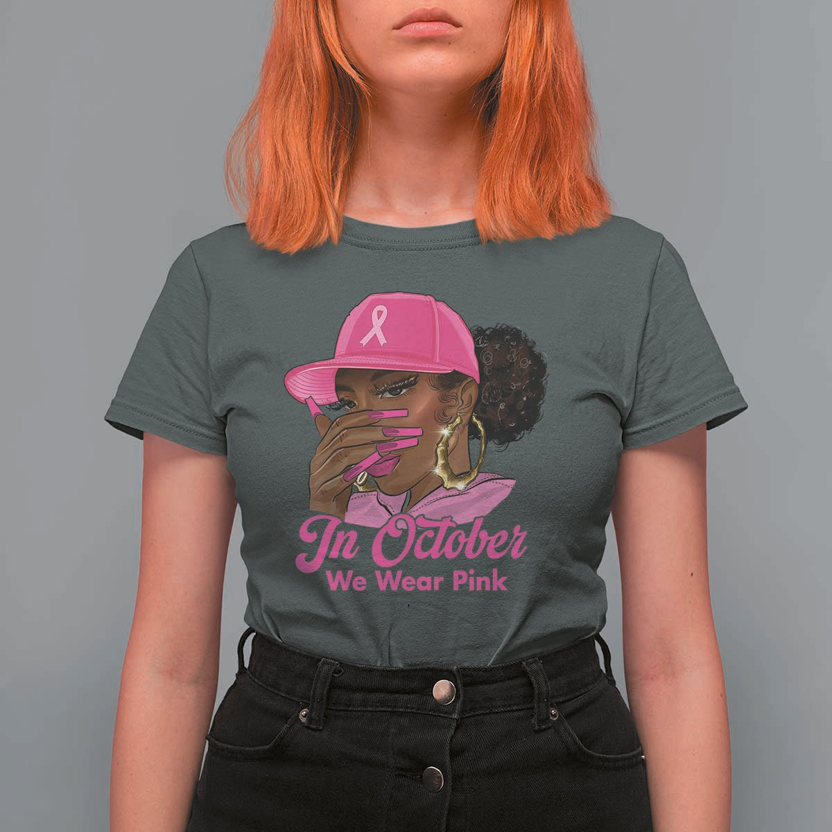 In October We Wear Pink T Shirt For Women Black Women Breast Cancer Awareness - Wonder Print Shop