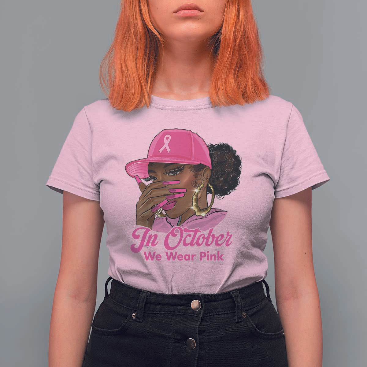 In October We Wear Pink T Shirt For Women Black Women Breast Cancer Awareness - Wonder Print Shop