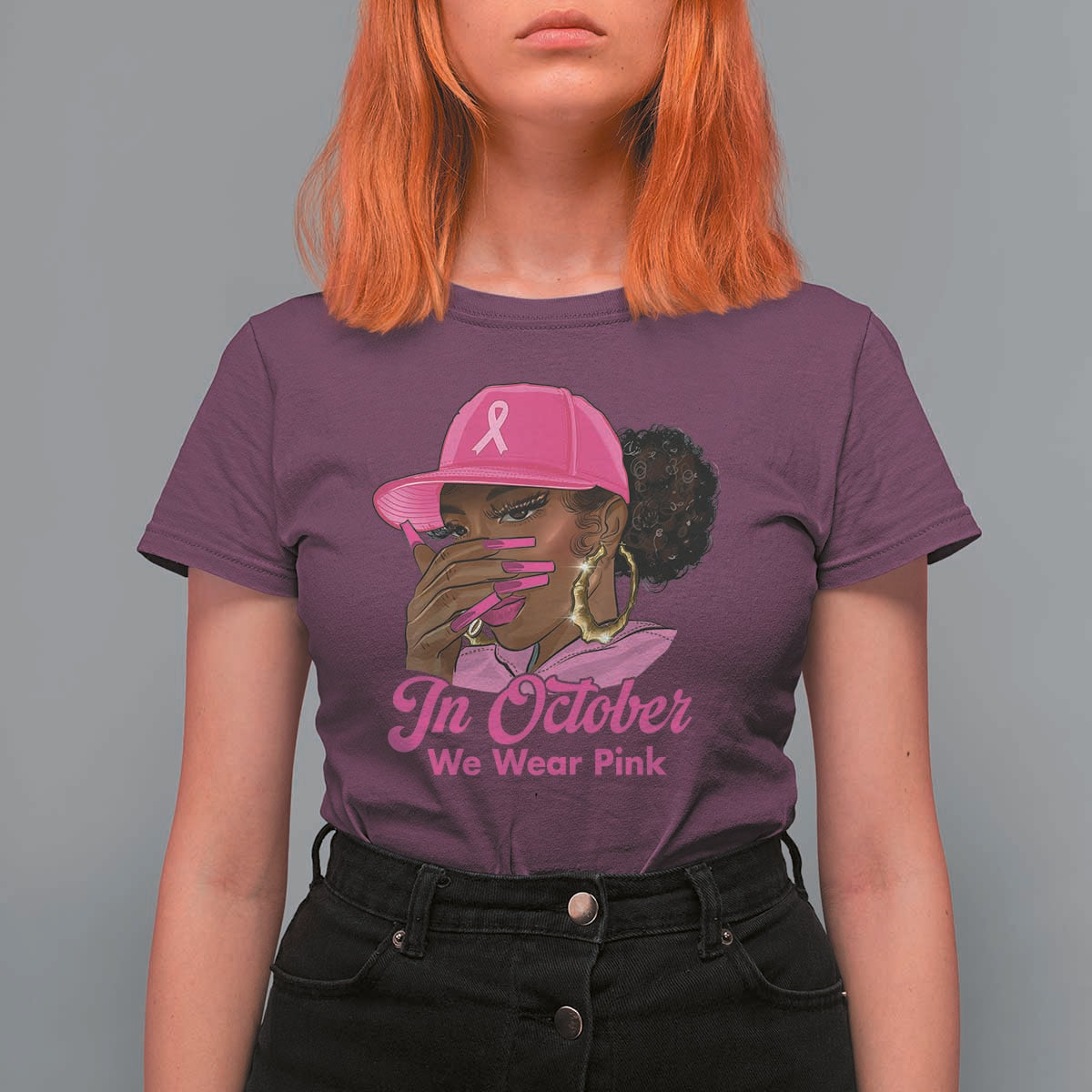 In October We Wear Pink T Shirt For Women Black Women Breast Cancer Awareness - Wonder Print Shop