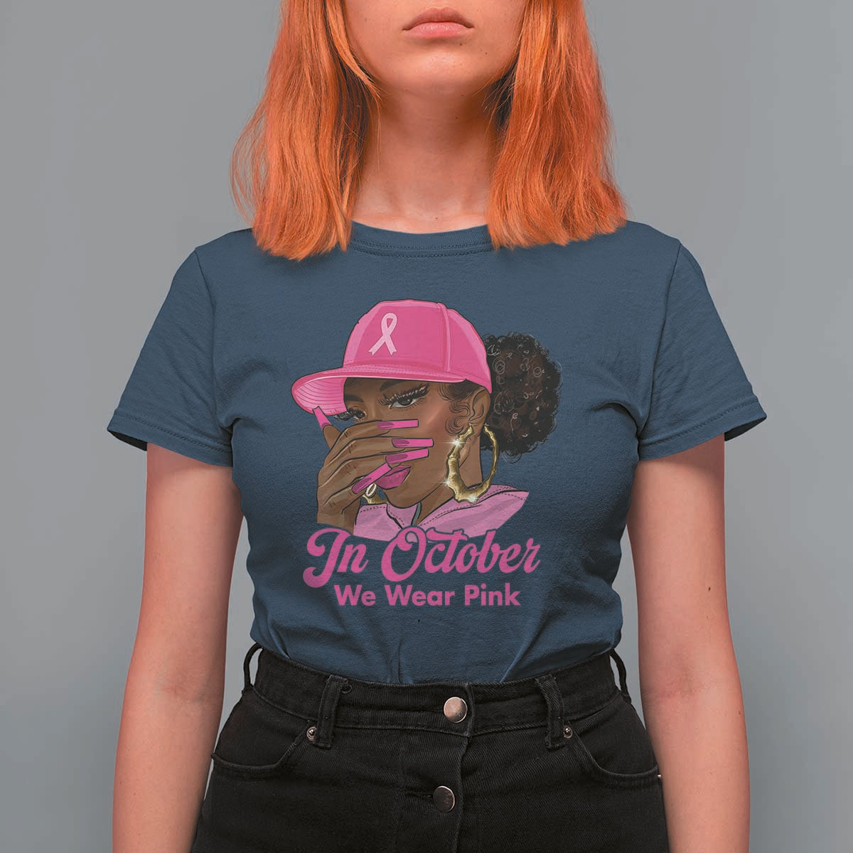 In October We Wear Pink T Shirt For Women Black Women Breast Cancer Awareness - Wonder Print Shop