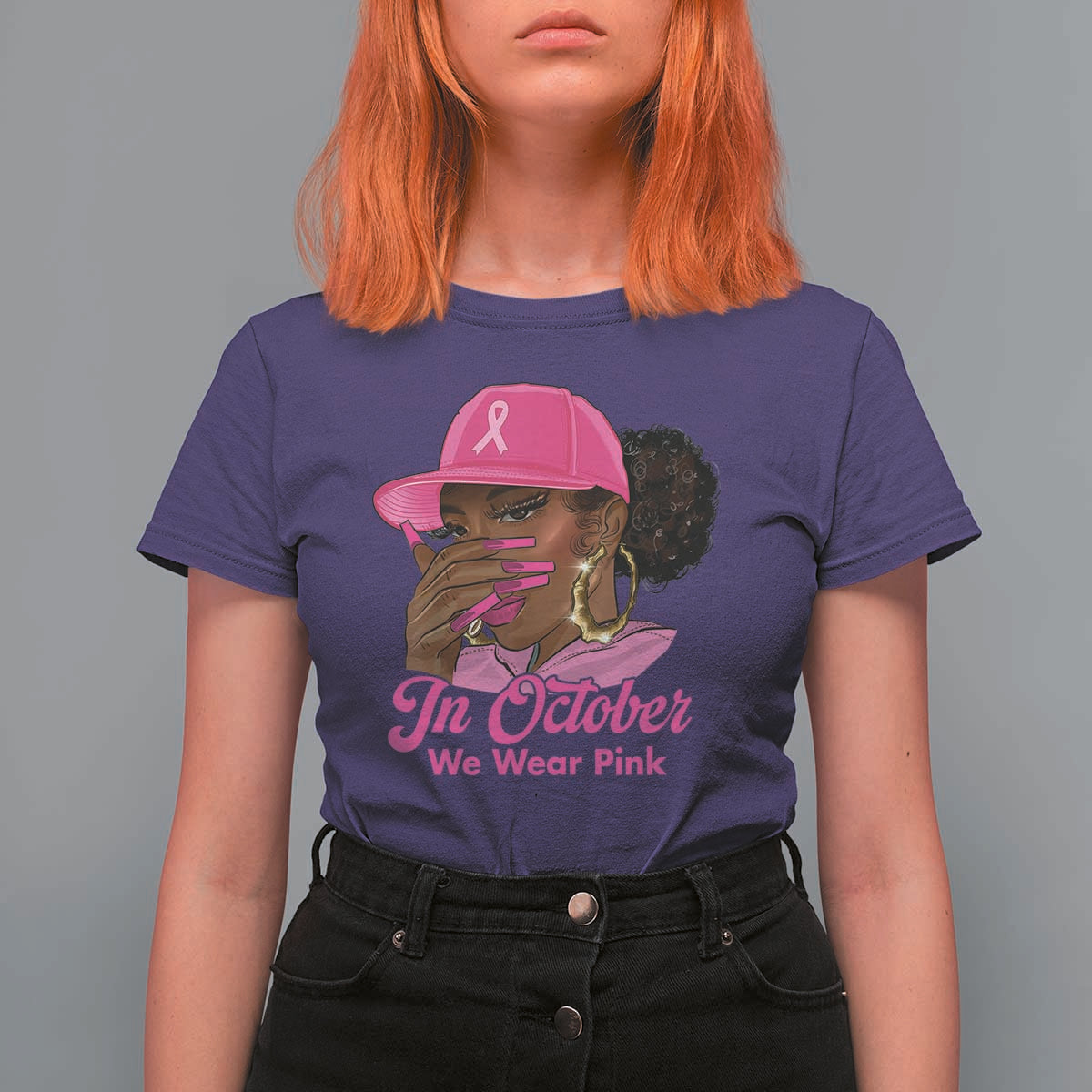 In October We Wear Pink T Shirt For Women Black Women Breast Cancer Awareness - Wonder Print Shop