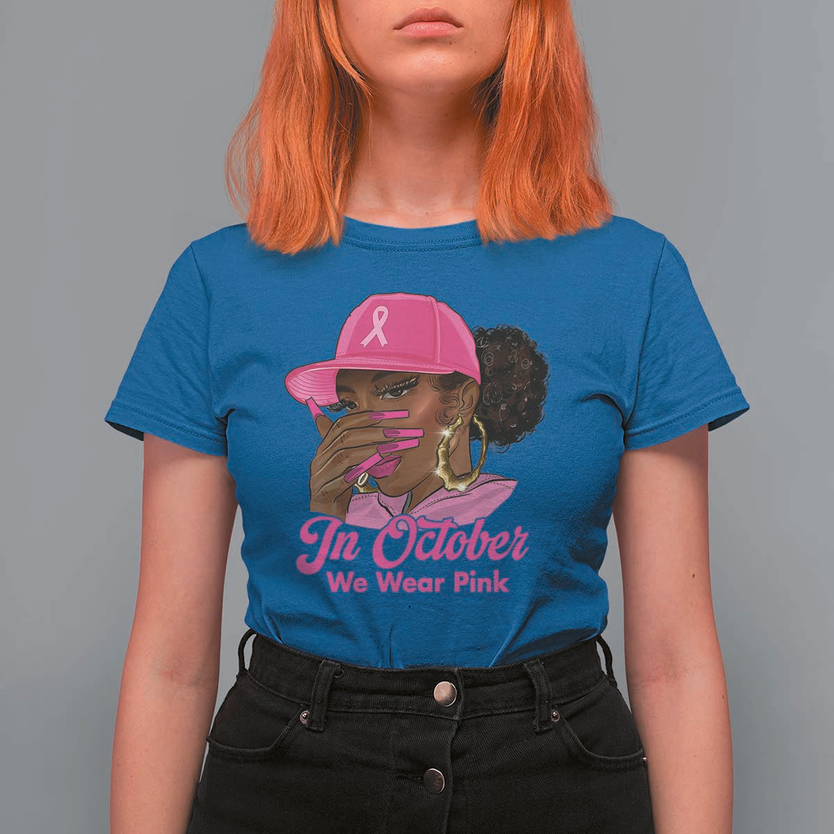 In October We Wear Pink T Shirt For Women Black Women Breast Cancer Awareness - Wonder Print Shop