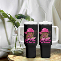 In October We Wear Pink Tumbler With Handle Black Women Breast Cancer Awareness - Wonder Print Shop