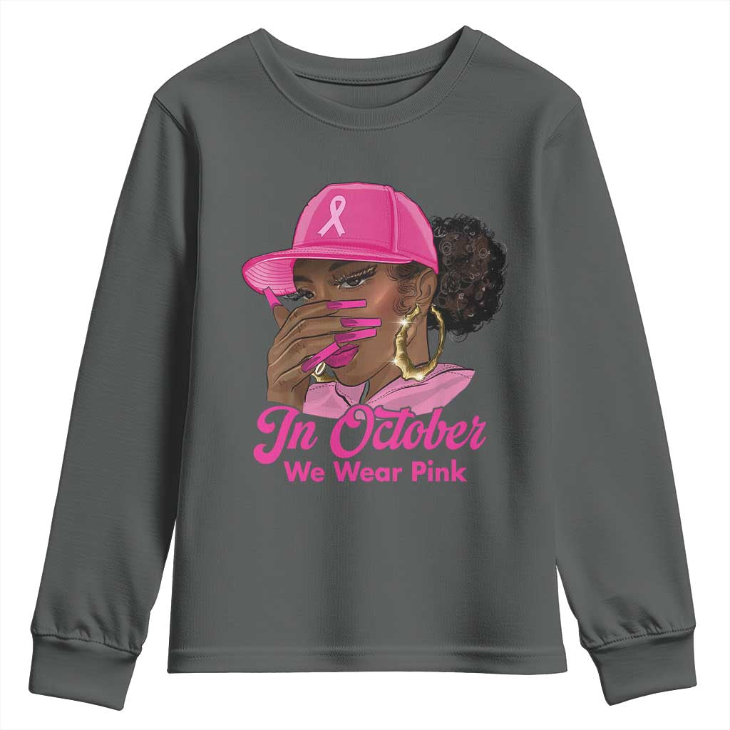 In October We Wear Pink Youth Sweatshirt Black Women Breast Cancer Awareness - Wonder Print Shop