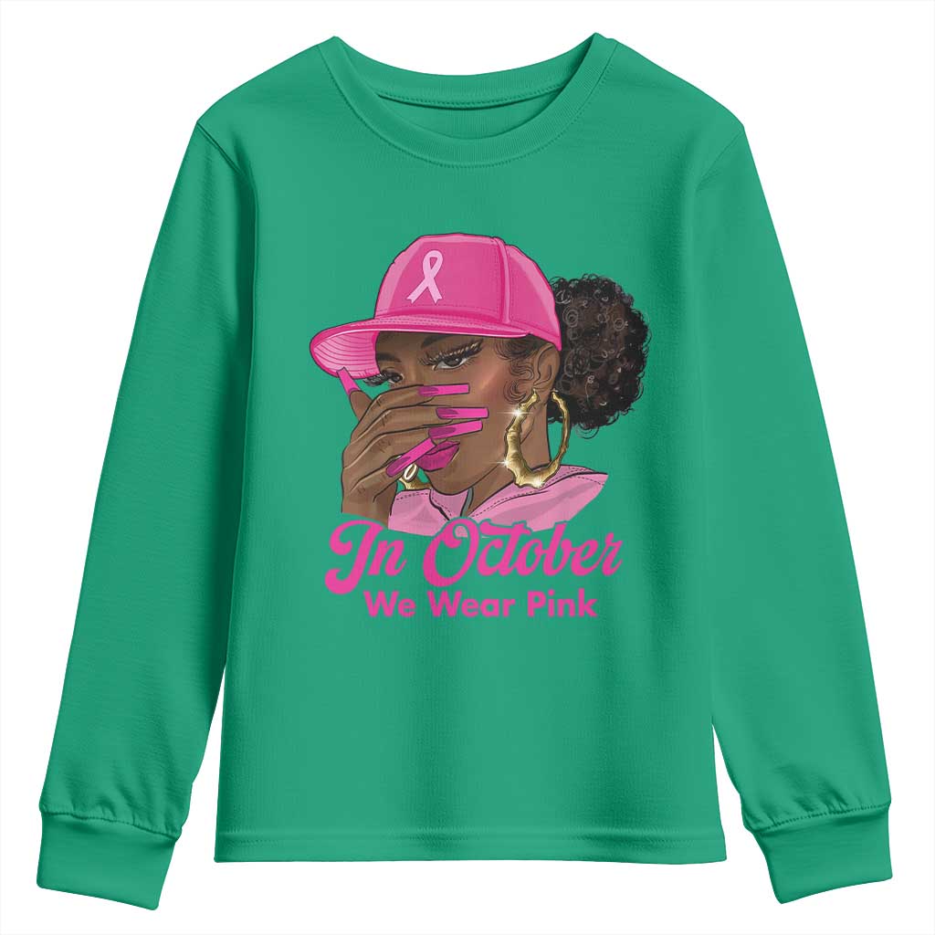 In October We Wear Pink Youth Sweatshirt Black Women Breast Cancer Awareness - Wonder Print Shop