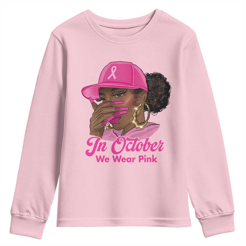 In October We Wear Pink Youth Sweatshirt Black Women Breast Cancer Awareness - Wonder Print Shop