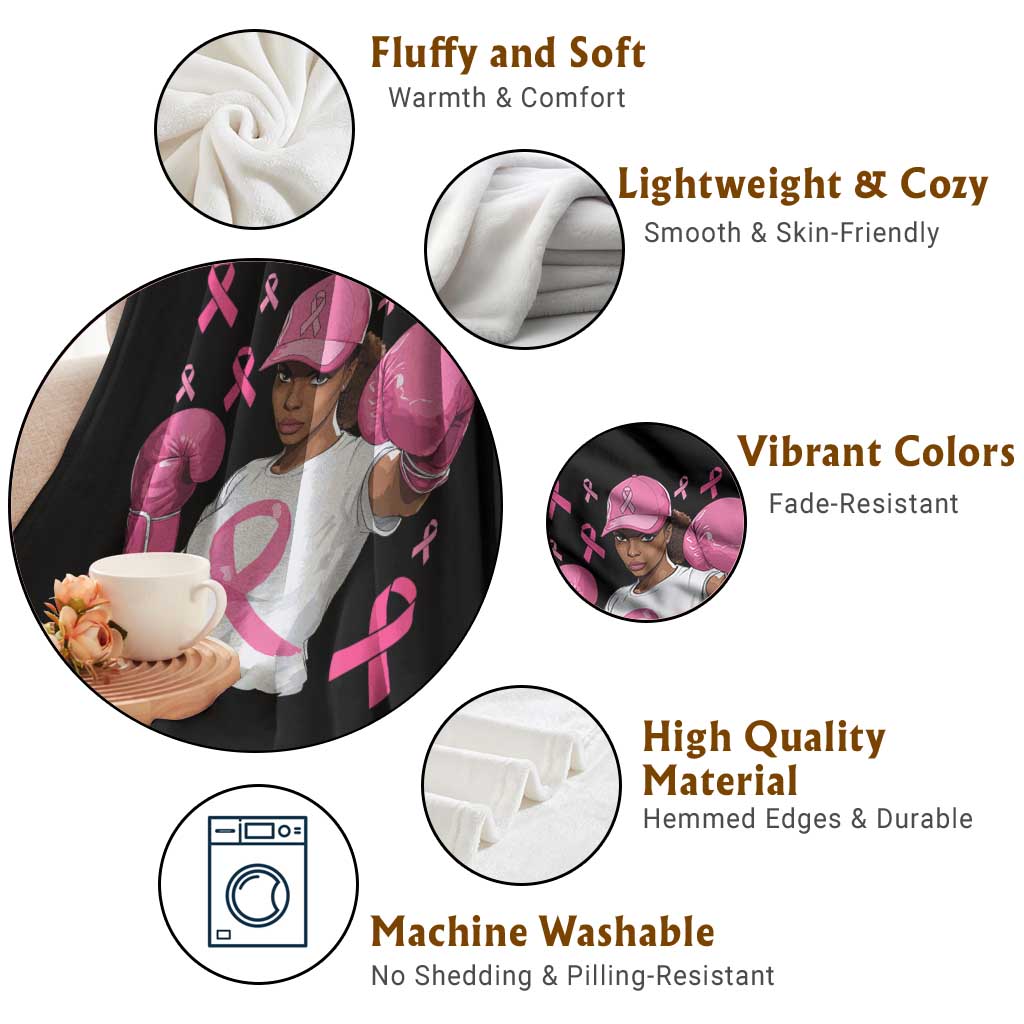 African American Fighter Breast Cancer Awareness Throw Blanket Pink Ribbon - Wonder Print Shop