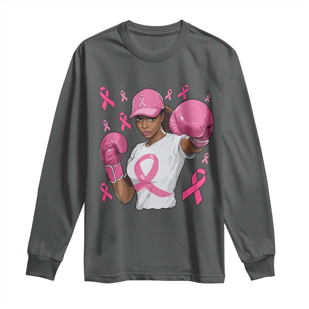 African American Fighter Breast Cancer Awareness Long Sleeve Shirt Pink Ribbon - Wonder Print Shop
