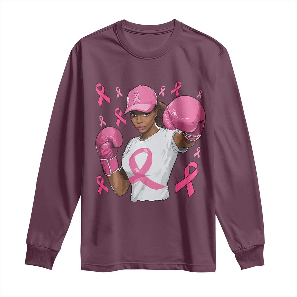 African American Fighter Breast Cancer Awareness Long Sleeve Shirt Pink Ribbon - Wonder Print Shop