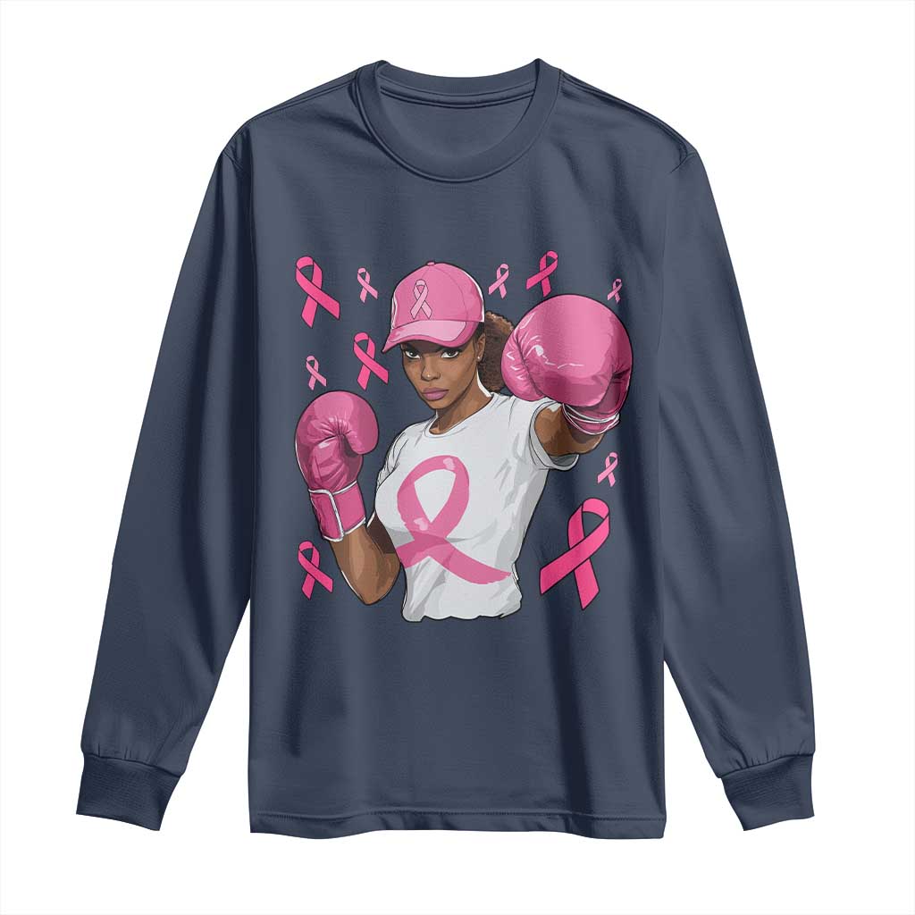 African American Fighter Breast Cancer Awareness Long Sleeve Shirt Pink Ribbon - Wonder Print Shop