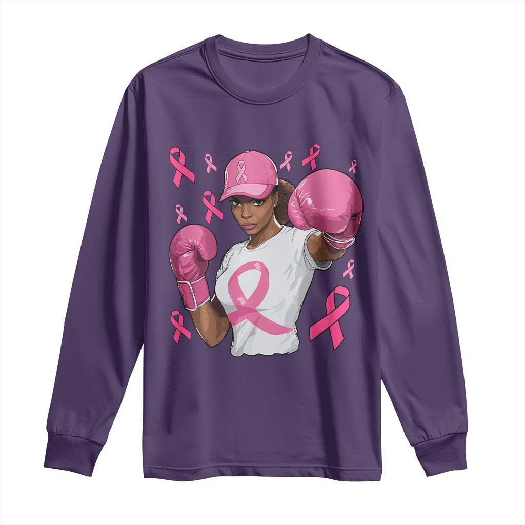 African American Fighter Breast Cancer Awareness Long Sleeve Shirt Pink Ribbon - Wonder Print Shop