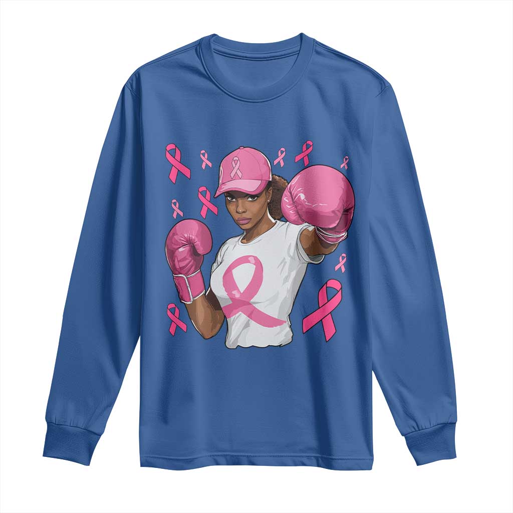 African American Fighter Breast Cancer Awareness Long Sleeve Shirt Pink Ribbon - Wonder Print Shop