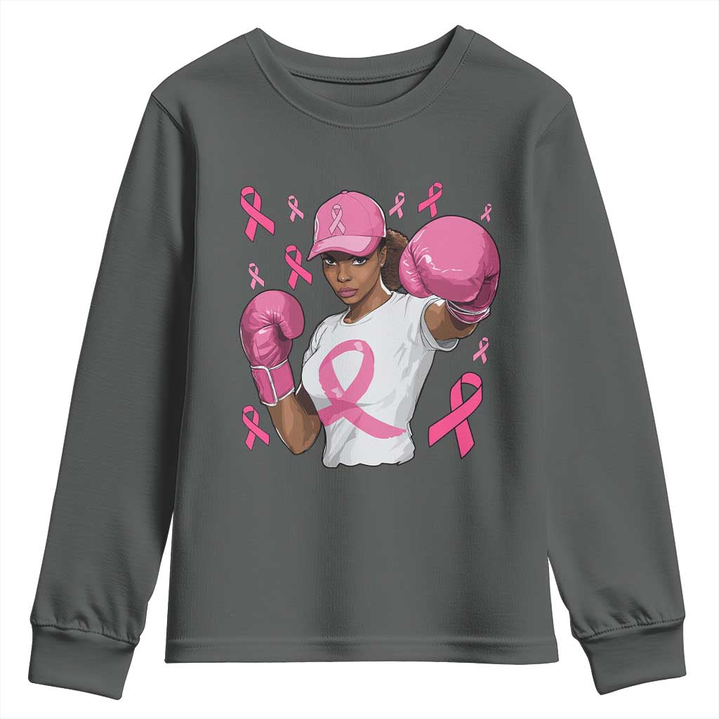 African American Fighter Breast Cancer Awareness Youth Sweatshirt Pink Ribbon - Wonder Print Shop