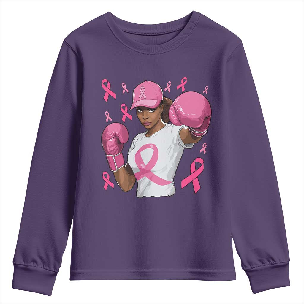 African American Fighter Breast Cancer Awareness Youth Sweatshirt Pink Ribbon - Wonder Print Shop