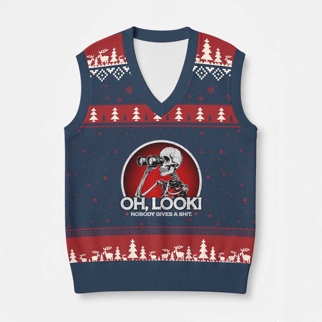 Oh Look Nobody Gives A Shit V-Neck Knit Sweater Vest Funny Sarcastic Humor Skeleton - Wonder Print Shop