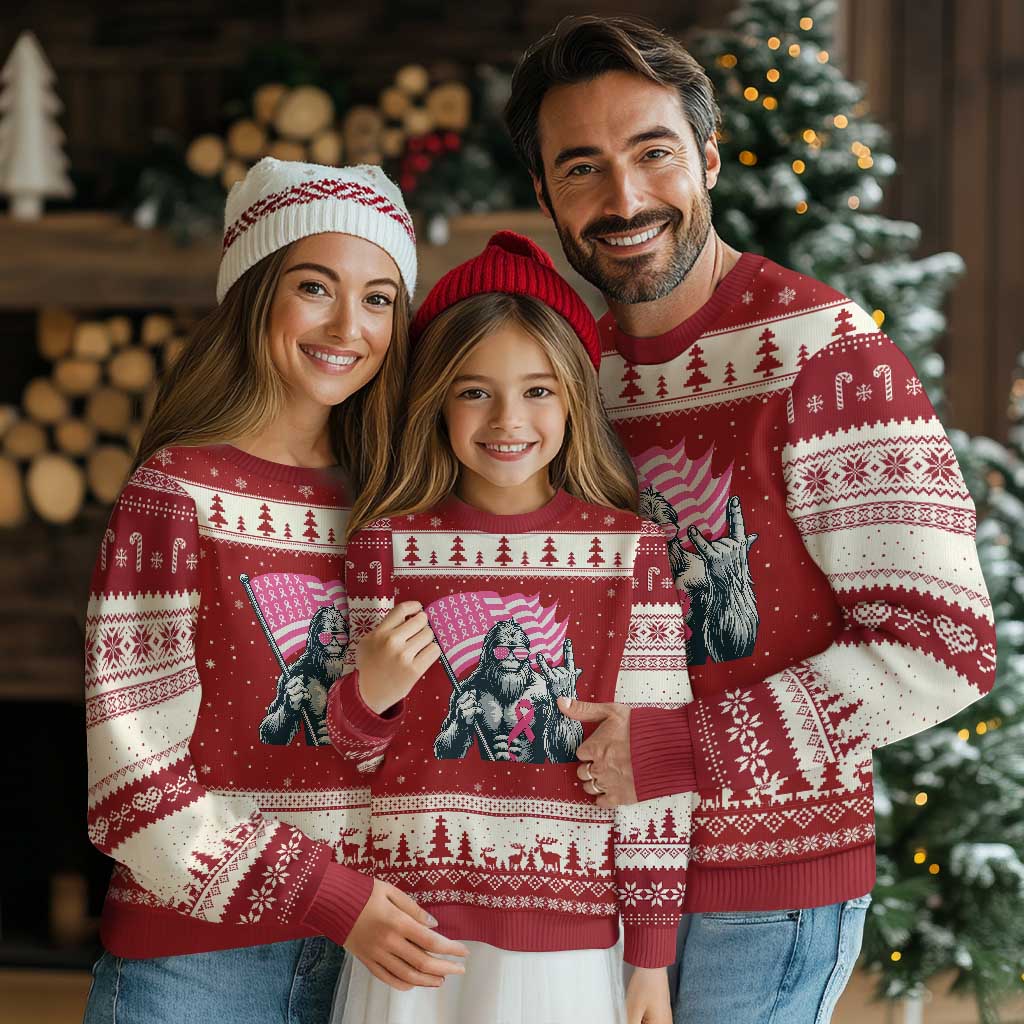 Funny Bigfoot Breast Cancer Awareness Ugly Christmas Sweater Sasquatch Pink Ribbon - Wonder Print Shop