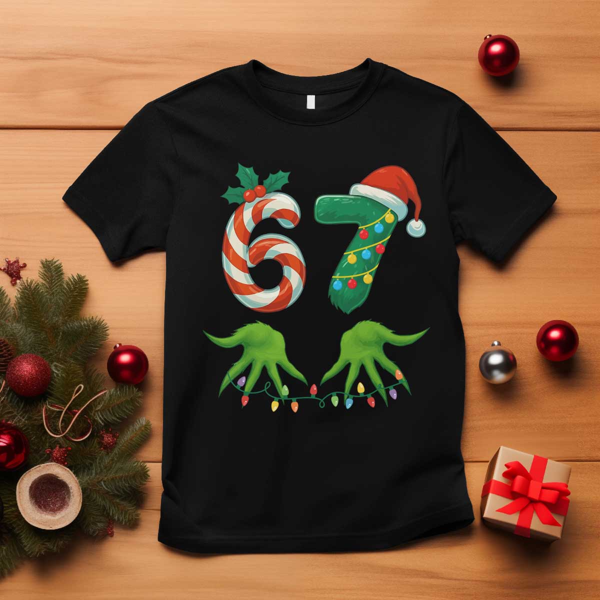 Funny Six Seven Christmas 67 Meme Gen Alpha Slang Elf Hands T Shirt - Wonder Print Shop