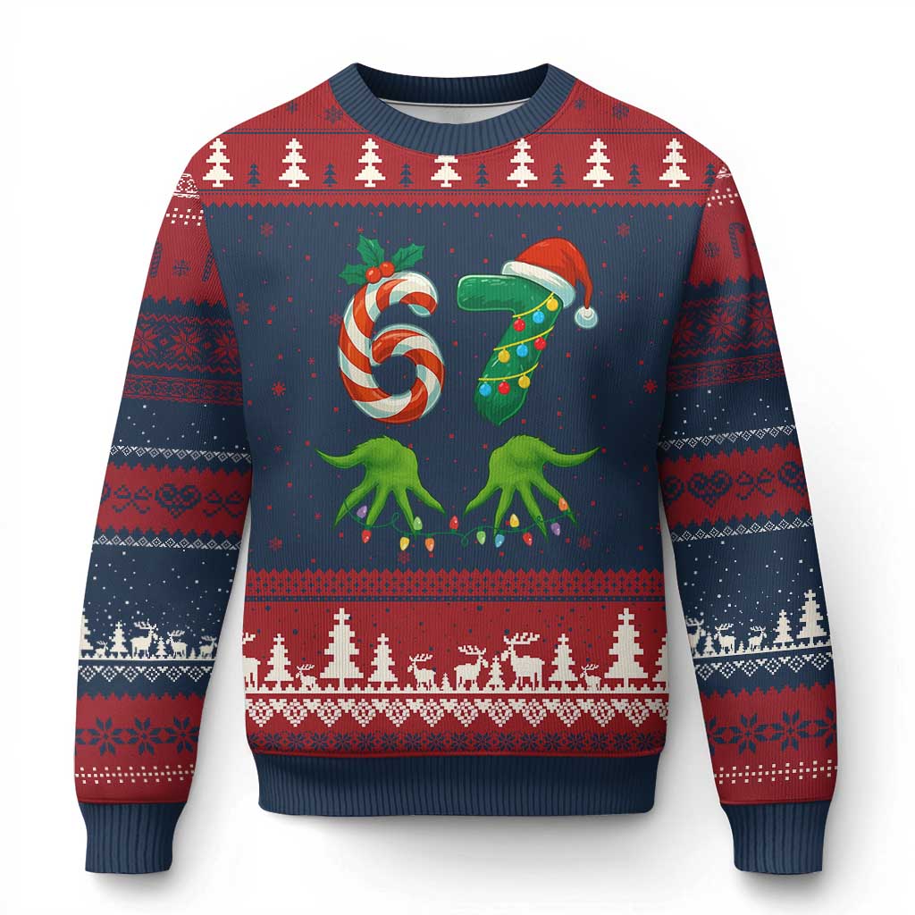 Funny Six Seven Xmas 67 Meme Gen Alpha Slang Elf Hands Ugly Christmas Sweater - Wonder Print Shop