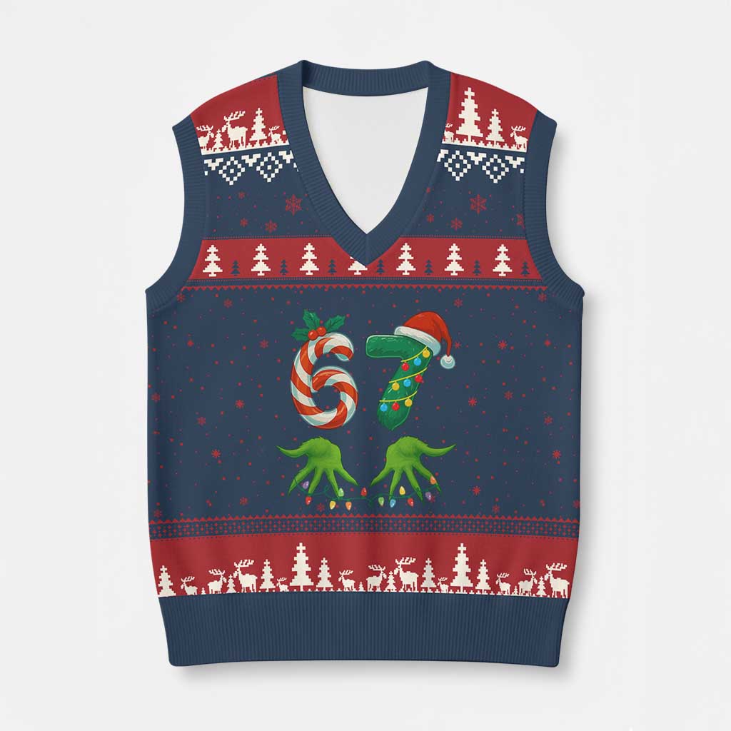 Funny Six Seven Xmas 67 Meme Gen Alpha Slang Elf Hands V-Neck Knit Sweater Vest - Wonder Print Shop
