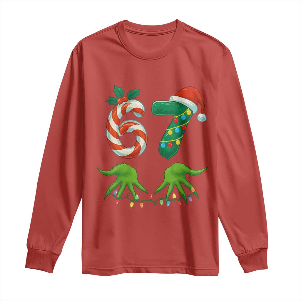 Funny Six Seven Christmas 67 Meme Gen Alpha Slang Elf Hands Long Sleeve Shirt - Wonder Print Shop