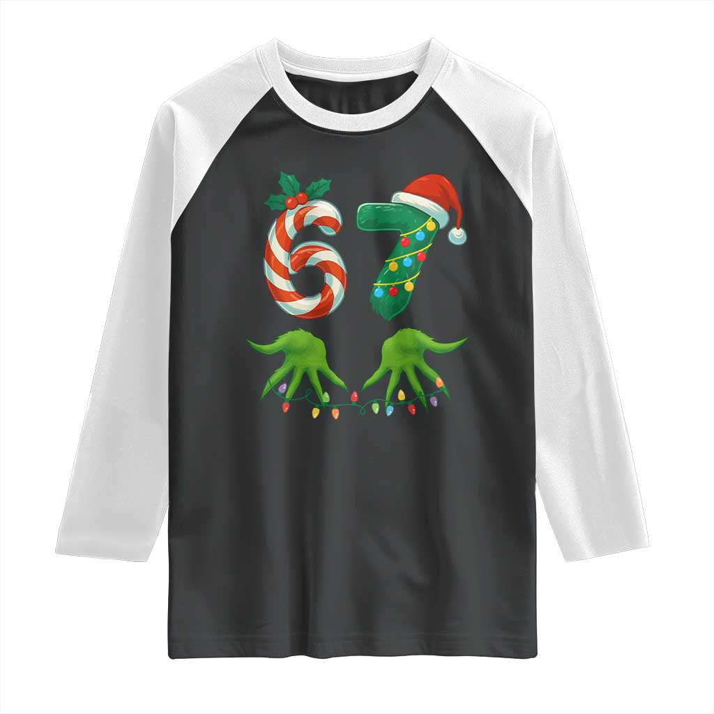 Funny Six Seven Christmas 67 Meme Gen Alpha Slang Elf Hands Raglan Shirt - Wonder Print Shop